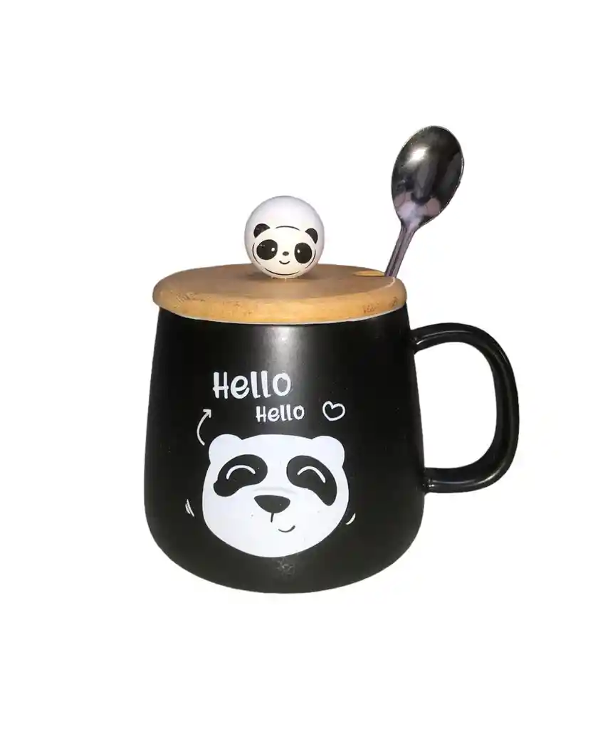 Mug Taza Pocillo Vaso Ceramica Tapa Y Cuchara Motivo Panda Hello Negro