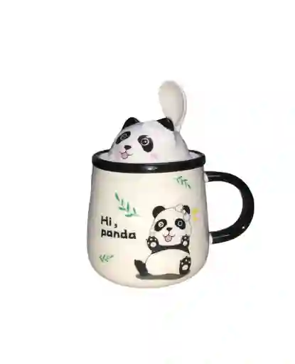 Mug Taza Pocillo Vaso Ceramica Tapa Y Cuchara Motivo Panda Hi, Panda