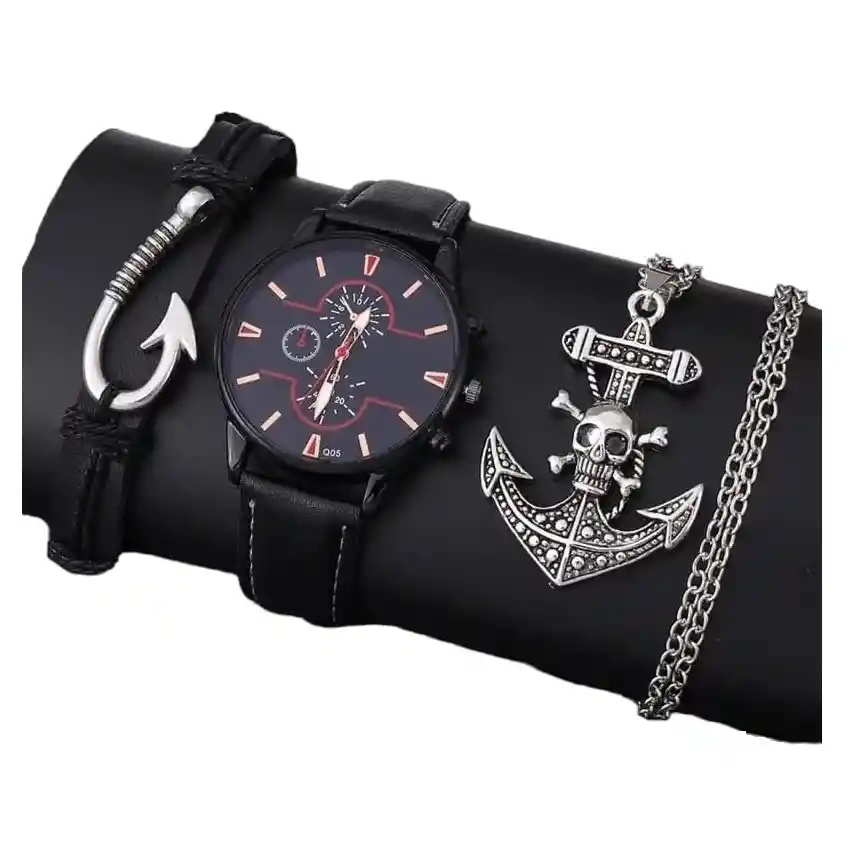 Kit Reloj Negro Para Hombre + Accesorios Ancla Negro