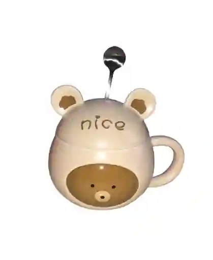 Mug Taza Pocillo Vaso Ceramica Tapa Y Cuchara Motivo Oso Osito Nice Cafe Claro