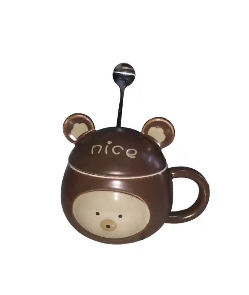 Mug Taza Pocillo Vaso Ceramica Tapa Y Cuchara Motivo Oso Nice Cafe Oscuro