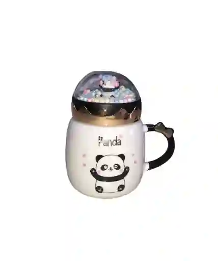 Mug Taza Pocillo Vaso Ceramica Tapa De Cristal Y Pepitas De Icopor De Colores Pastel, Cuchara Motivo Panda