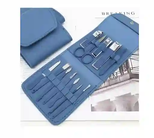 Kit Manicure Estuche De Lujo Corta Uñas Y Mas, Acero Mediano 12 Piezas Azul
