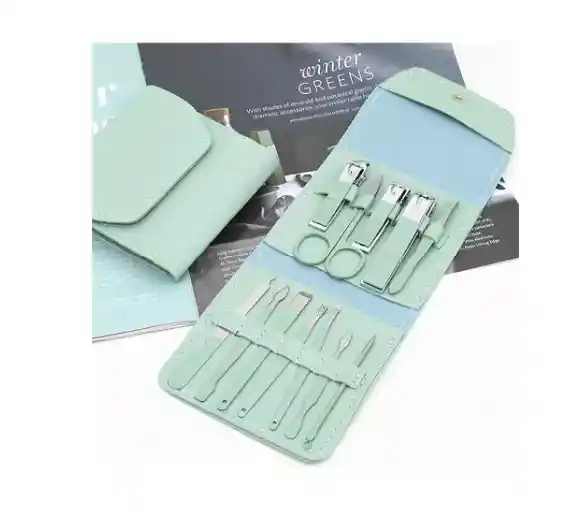 Kit Manicure Estuche De Lujo Corta Uñas Y Mas, Acero Mediano 12 Piezas Verde