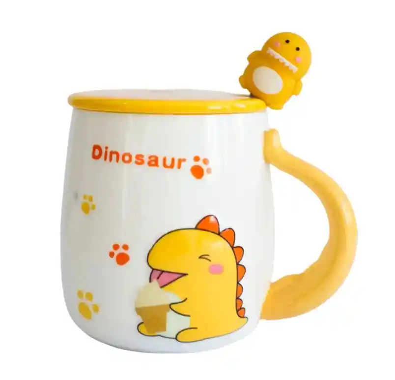 Mug Taza Pocillo Vaso Ceramica Tapa Y Cuchara Motivo Dinosaurio Amarillo