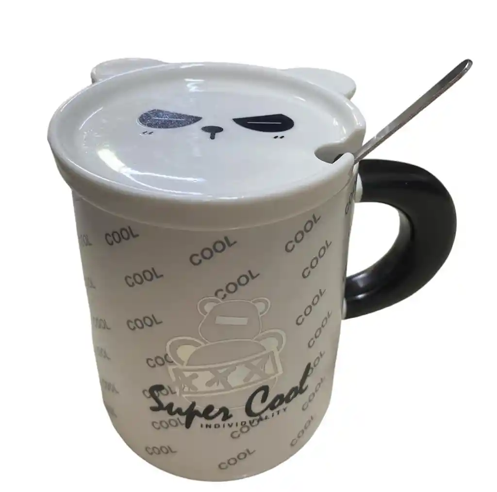 Mug Taza Pocillo Vaso Ceramica Tapa Y Cuchara Motivo Super Cool Blanco