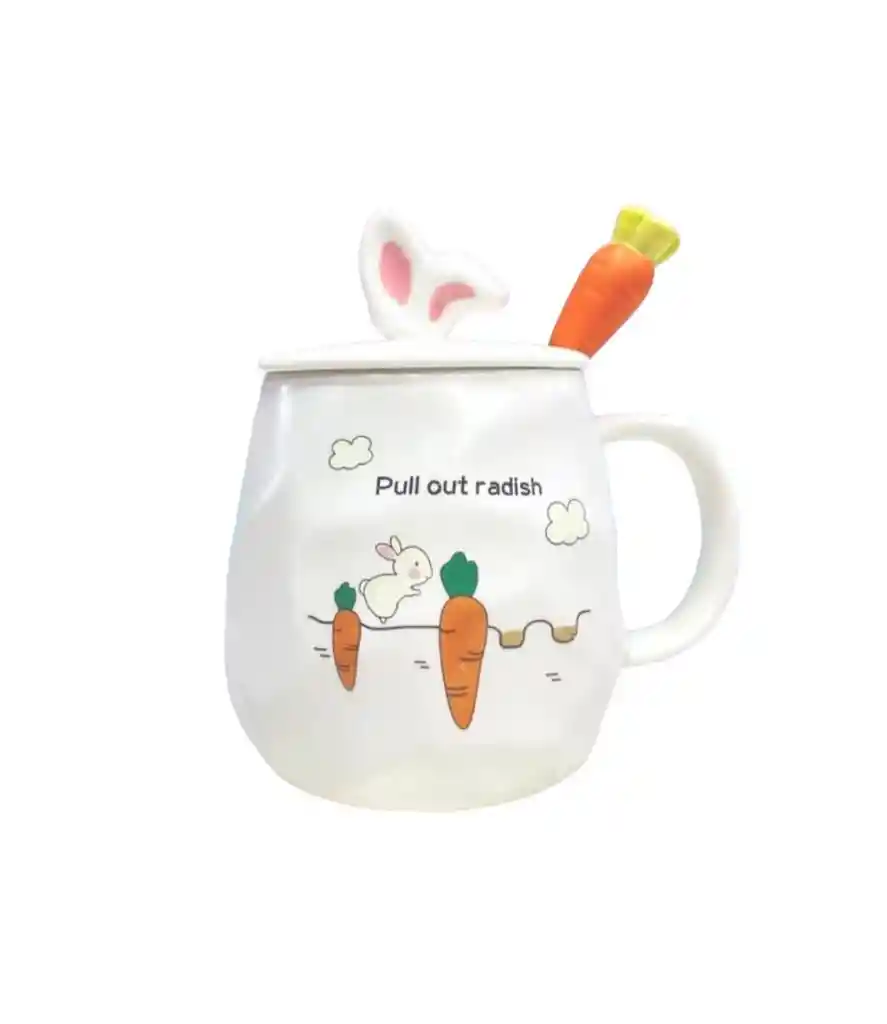 Mug Taza Pocillo Vaso Ceramica Tapa Y Cuchara Motivo Zanahorias