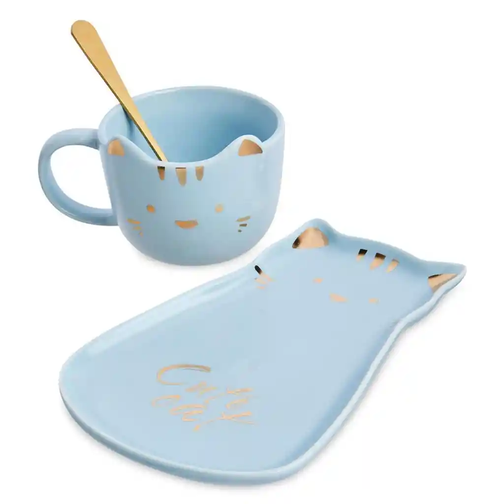 Mug Taza Pocillo Vaso Ceramica Con Cuchara Y Plato Bandeja Motivo Gato Azul