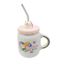 Mug Taza Pocillo Vaso Ceramica Tapa Y Pitillo Motivo Unicornio