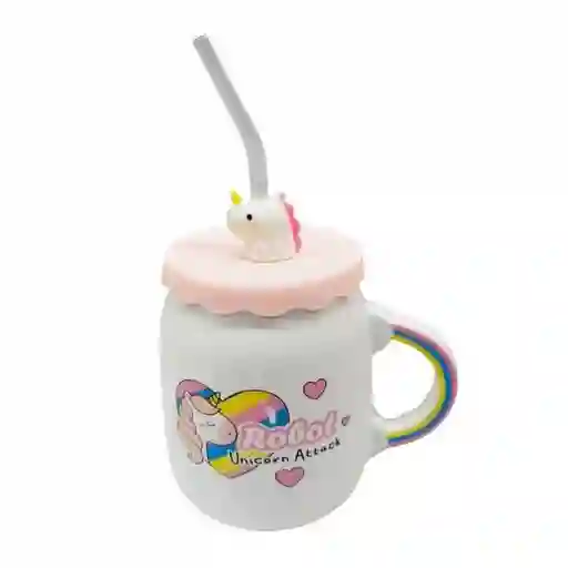 Mug Taza Pocillo Vaso Ceramica Tapa Y Pitillo Motivo Unicornio