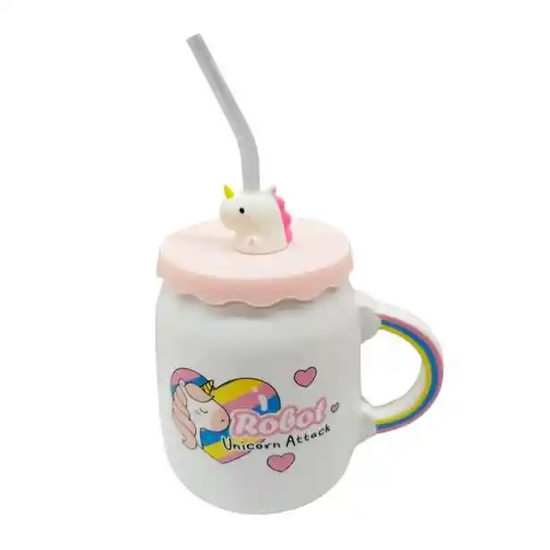 Mug Taza Pocillo Vaso Ceramica Tapa Y Pitillo Motivo Unicornio