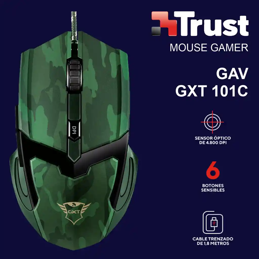 Mouse Gamer Trust Gxt 101c Gav, 6 Botones / 600~4800dpi