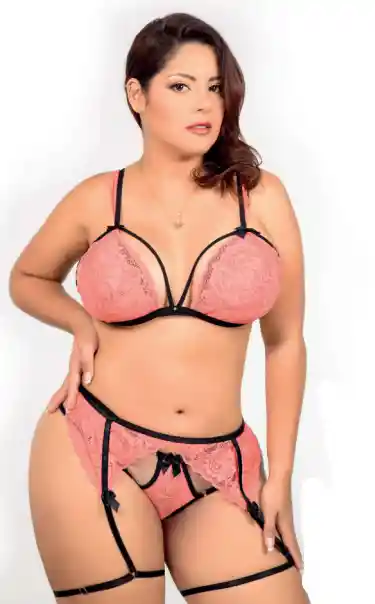 Hermosa Lenceria Curvy Rosada Tres Piezas