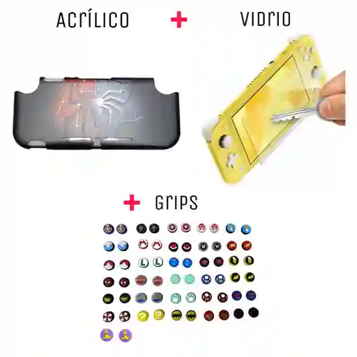 Protector Rigido De Spiderman + Vidrio Protector + 2 Grips Compatible Con Switch Lite