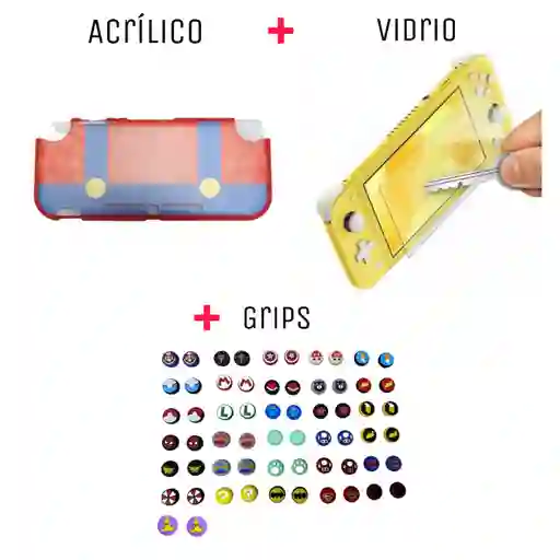 Protector Rigido De Mario Overol + Vidrio Protector + 2 Grips Nintendo Switch Lite