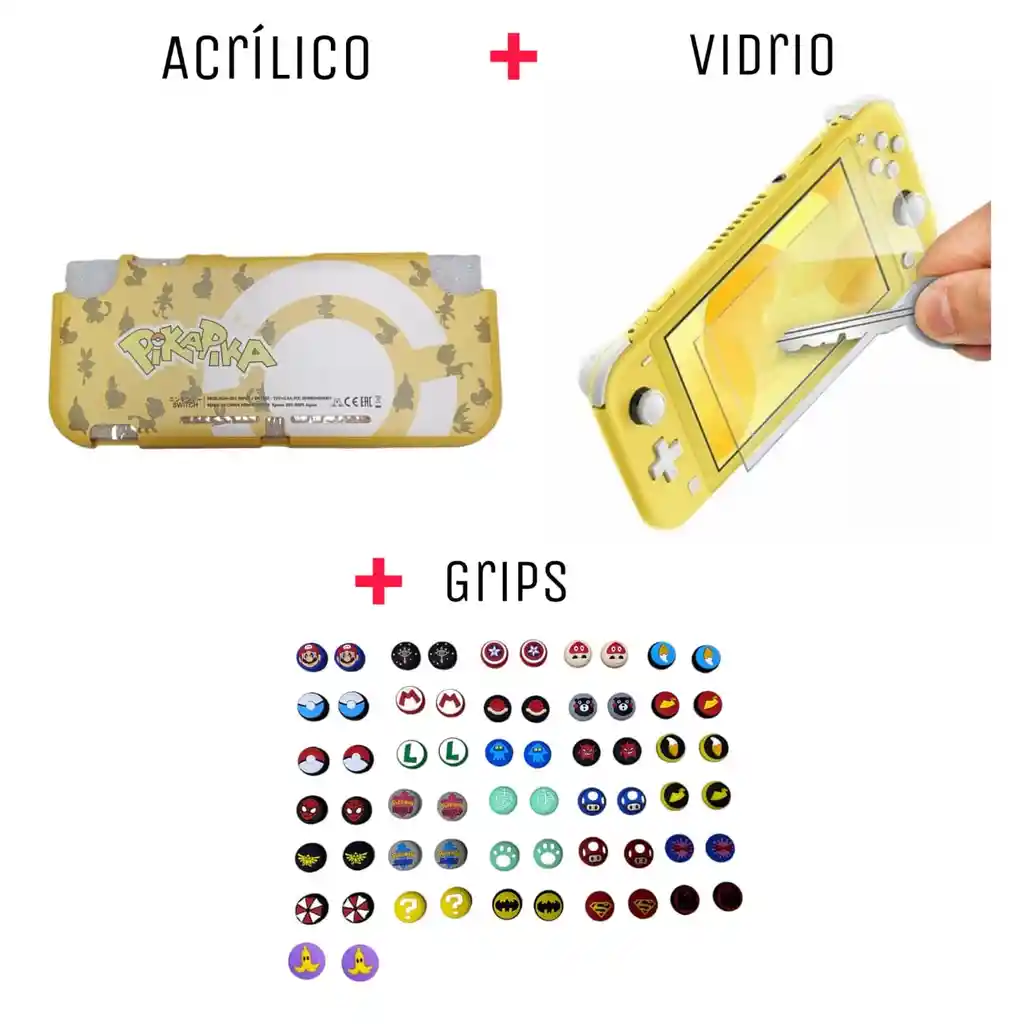 Protector Rigido De Pikapika + Vidrio Protector + 2 Grips Nintendo Switch Lite