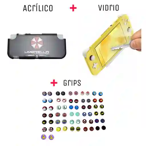 Protector Rigido De Umbrella + Vidrio Protector + 2 Grips Nintendo Switch Lite