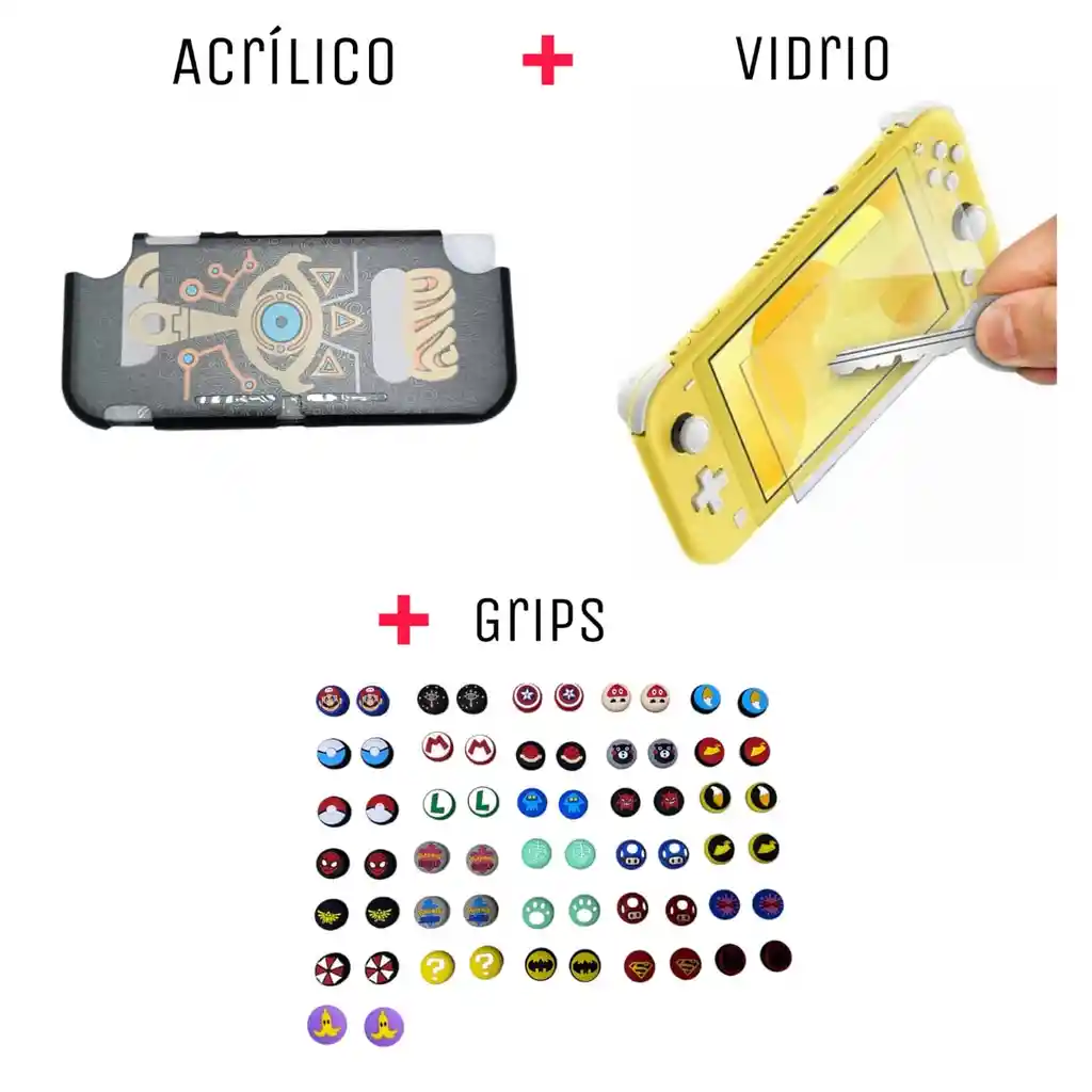 Protector Rigido De Zelda Ojo + Vidrio Protector + 2 Grips Nintendo Switch Lite