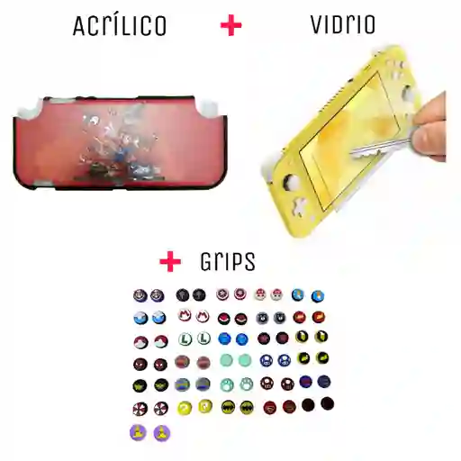 Protector Rigido De Mario Odyssey + Vidrio Protector + 2 Grips Nintendo Switch Lite