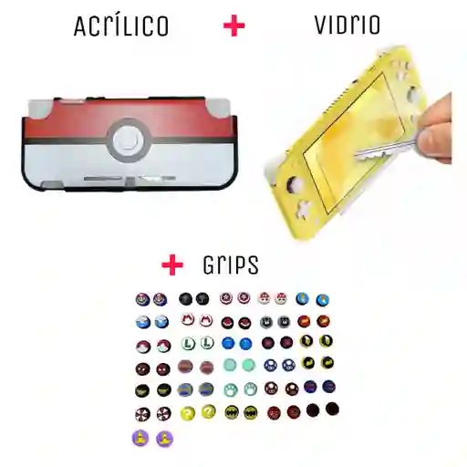 Protector Rigido De Pokebola + Vidrio Protector + 2 Grips Nintendo Switch Lite
