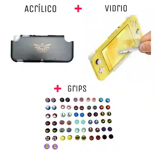 Protector Rigido De Zelda Simbolo + Vidrio Protector + 2 Grips Nintendo Switch Lite