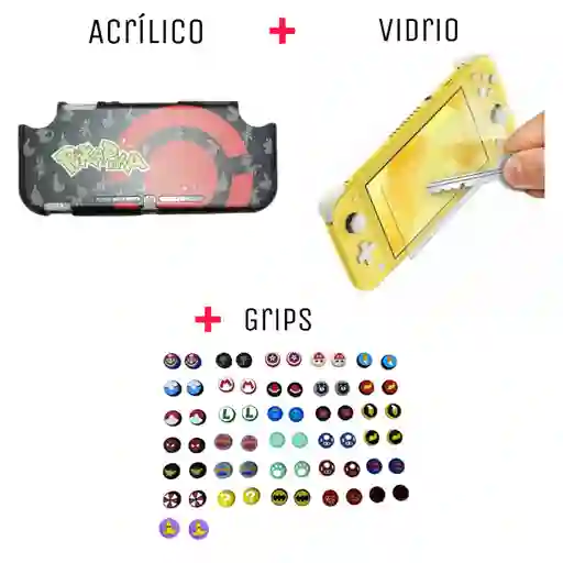 Protector Rigido De Pikapika Negro + Vidrio Protector + 2 Grips Nintendo Switch Lite