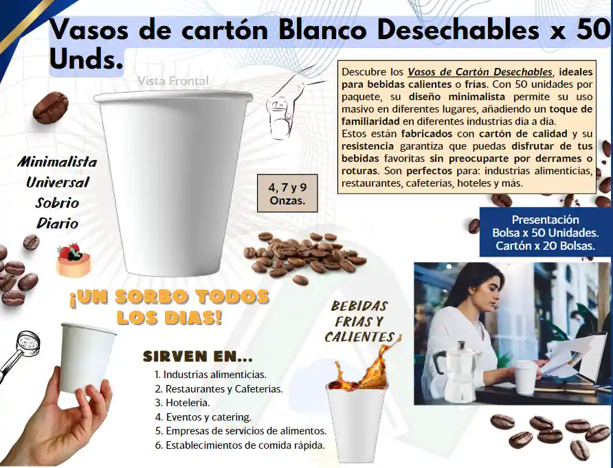 Vasos De Cartón Blanco 7 Onzas Desechables X 50 Unidades