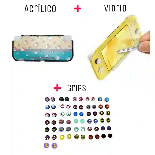 Protector Rigido De Pokebolitas + Vidrio Protector + 2 Grips Nintendo Switch Lite