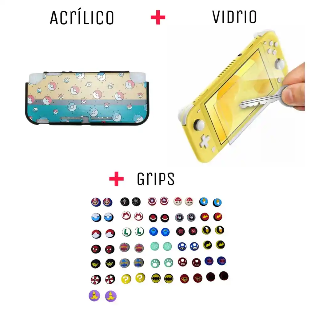 Protector Rigido De Pokebolitas + Vidrio Protector + 2 Grips Nintendo Switch Lite