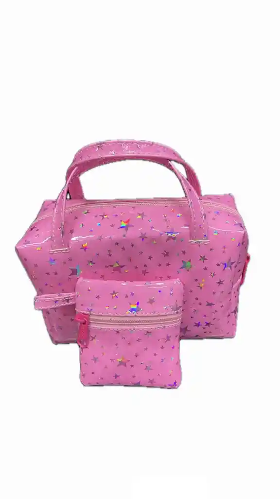 Cosmetiquera O Bolso Artesanal Doble Rosado Estrellas Plateadas