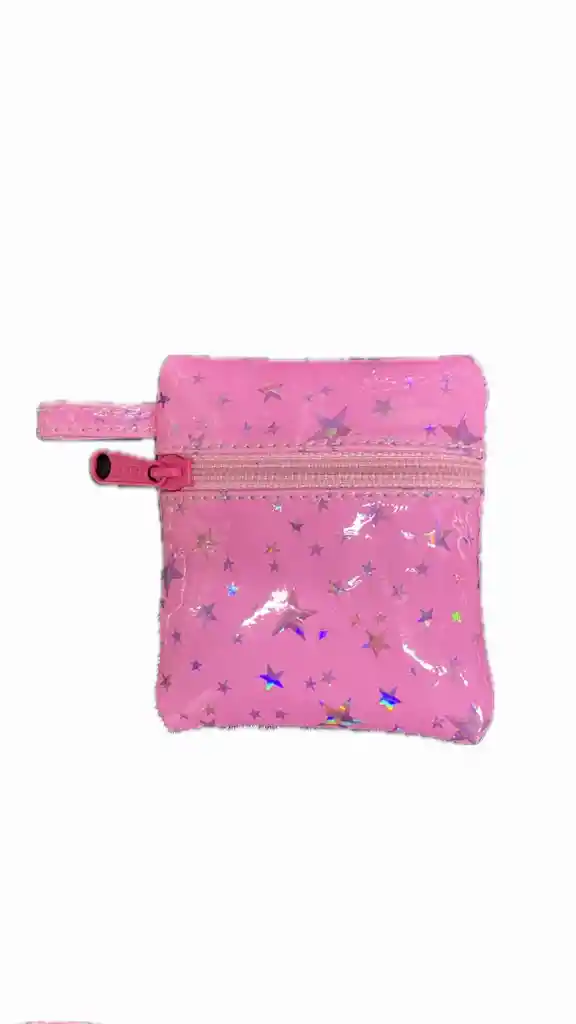 Cosmetiquera O Bolso Artesanal Doble Rosado Estrellas Plateadas