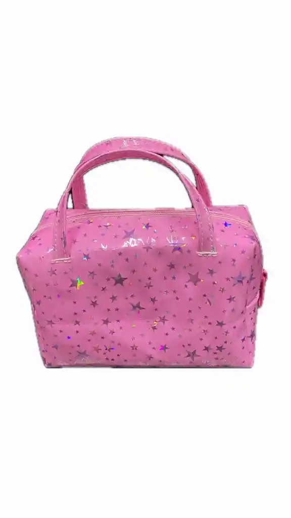 Cosmetiquera O Bolso Artesanal Doble Rosado Estrellas Plateadas