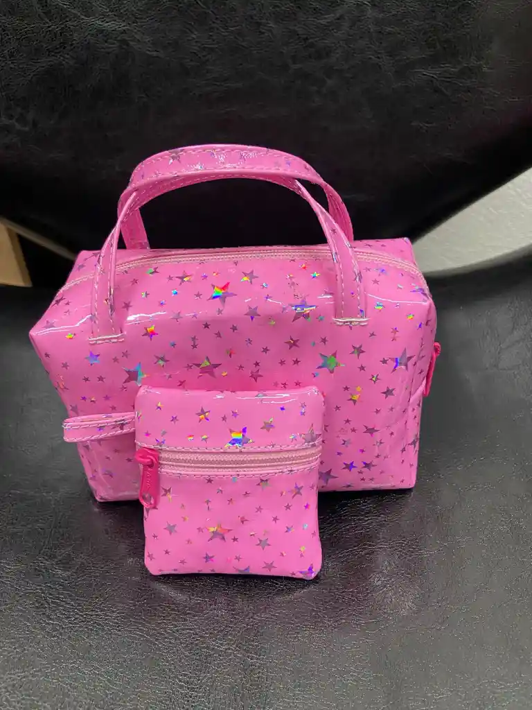 Cosmetiquera O Bolso Artesanal Doble Rosado Estrellas Plateadas