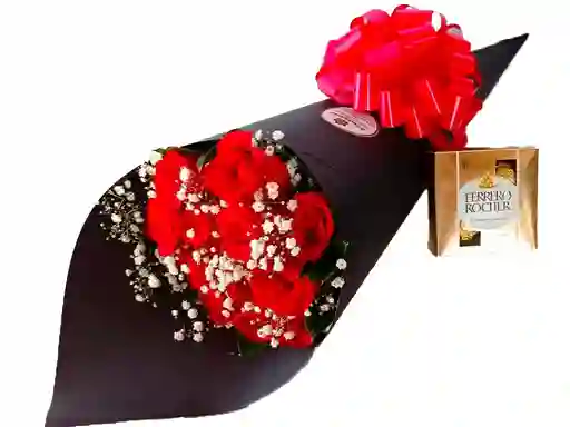 Ramo De Mano Con Rosas Rojas + Caja De Chocolates Ferrero