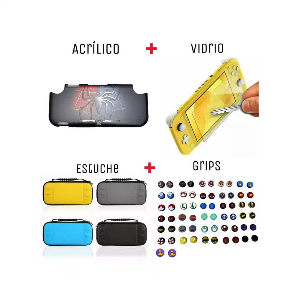 Acrilico Protector De Spiderman + Estuche + Vidrio + 2 Grips Para Nintendo Switch Lite