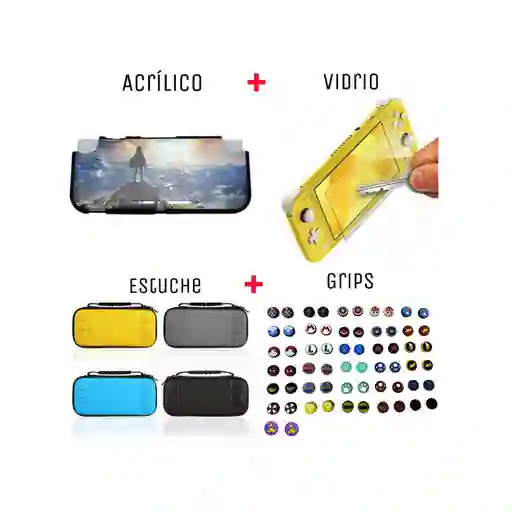 Acrilico Protector De Zelda + Estuche + Vidrio + 2 Grips Para Nintendo Switch Lite