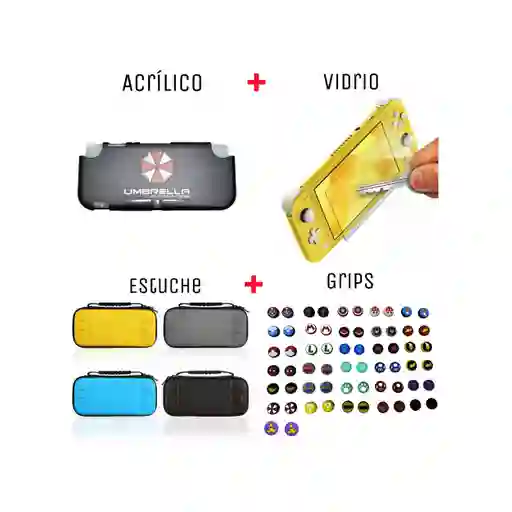 Acrilico Protector De Umbrella + Estuche + Vidrio + 2 Grips Para Nintendo Switch Lite
