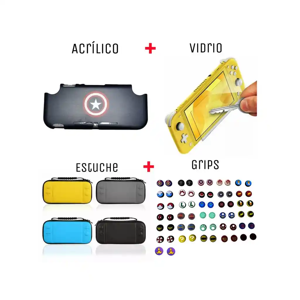 Acrilico Protector De Capitan America + Estuche + Vidrio + 2 Grips Para Nintendo Switch Lite