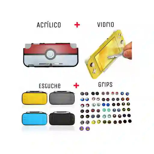 Acrilico Protector De Pokebola + Estuche + Vidrio + 2 Grips Para Nintendo Switch Lite