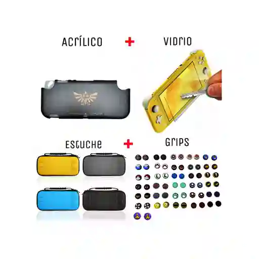 Acrilico Protector De Zelda Simbolo + Estuche + Vidrio + 2 Grips Para Nintendo Switch Lite
