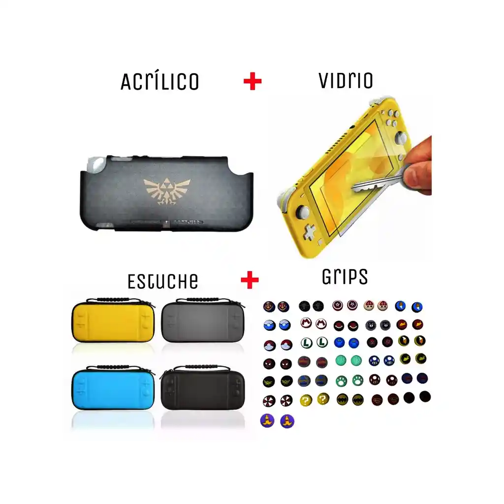 Acrilico Protector De Zelda Simbolo + Estuche + Vidrio + 2 Grips Compatible Con Switch Lite