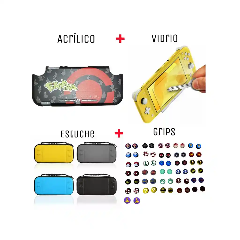 Acrilico Protector De Pikapika Negro + Estuche + Vidrio + 2 Grips Para Nintendo Switch Lite