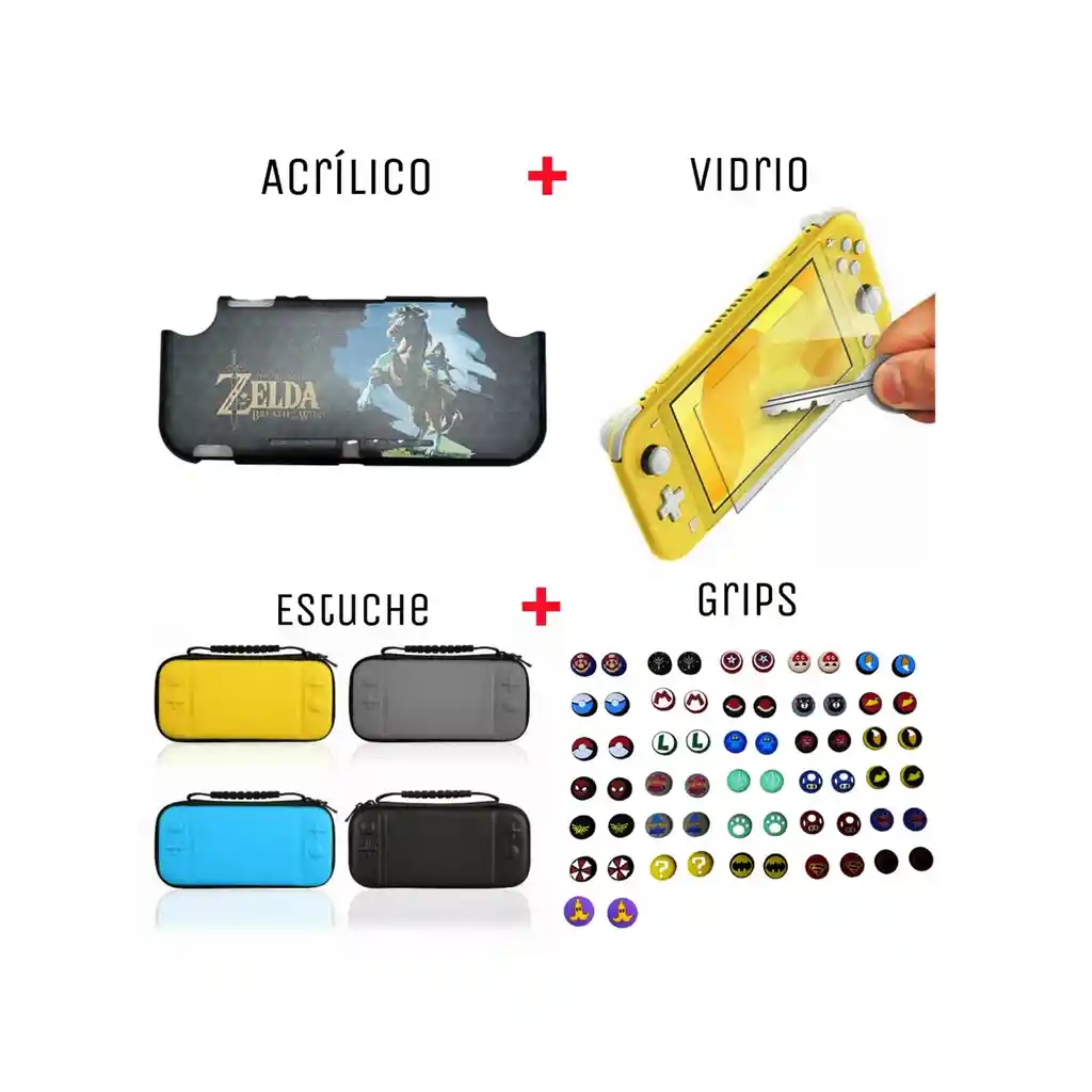 Acrilico Protector De Zelda Caballo + Estuche + Vidrio + 2 Grips Para Nintendo Switch Lite