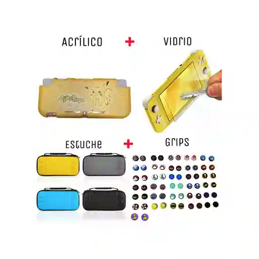 Acrilico Protector De Pikachu + Estuche + Vidrio + 2 Grips Para Nintendo Switch Lite