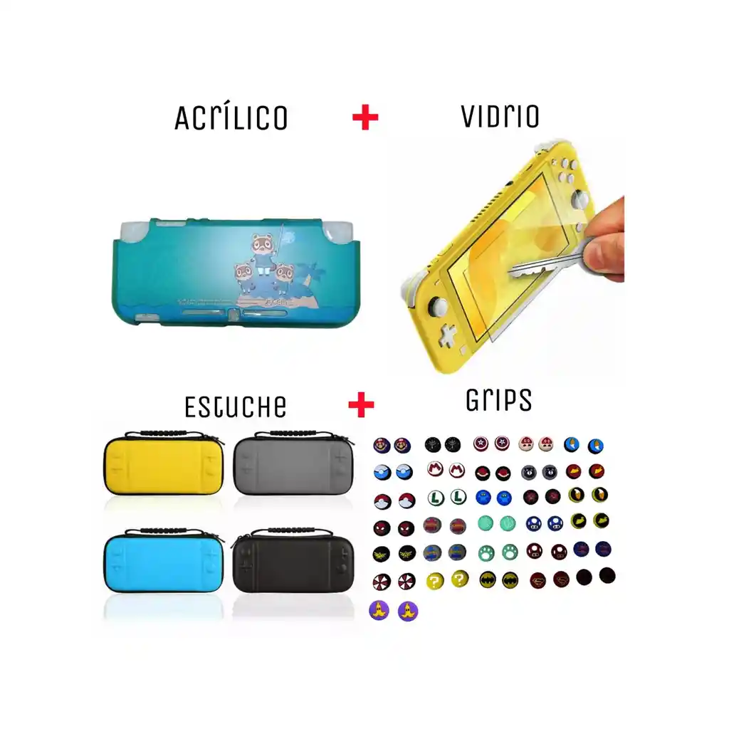 Acrilico Protector De Animal Crossing + Estuche + Vidrio + 2 Grips Compatible Con Switch Lite