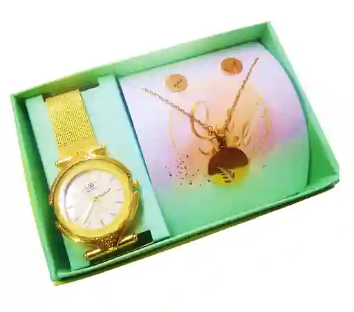 Kit Reloj Dorado Para Mujer + Juego De Collar Aretes Dorado
