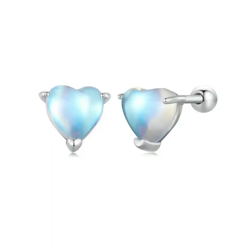 Aretes Topos Para Mujer Corazón Piedra Lunar En Plata 925