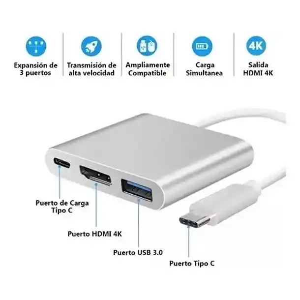 Adaptador Mac Windows Hub Usb-c A Hdmi Usb 3.0 Usb C. 3 En 1