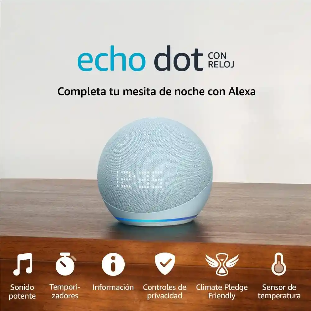 Amazon Echo Dot 5 Con Reloj Altavoz Inteligente Alexa Sonido Potente Azul Nube