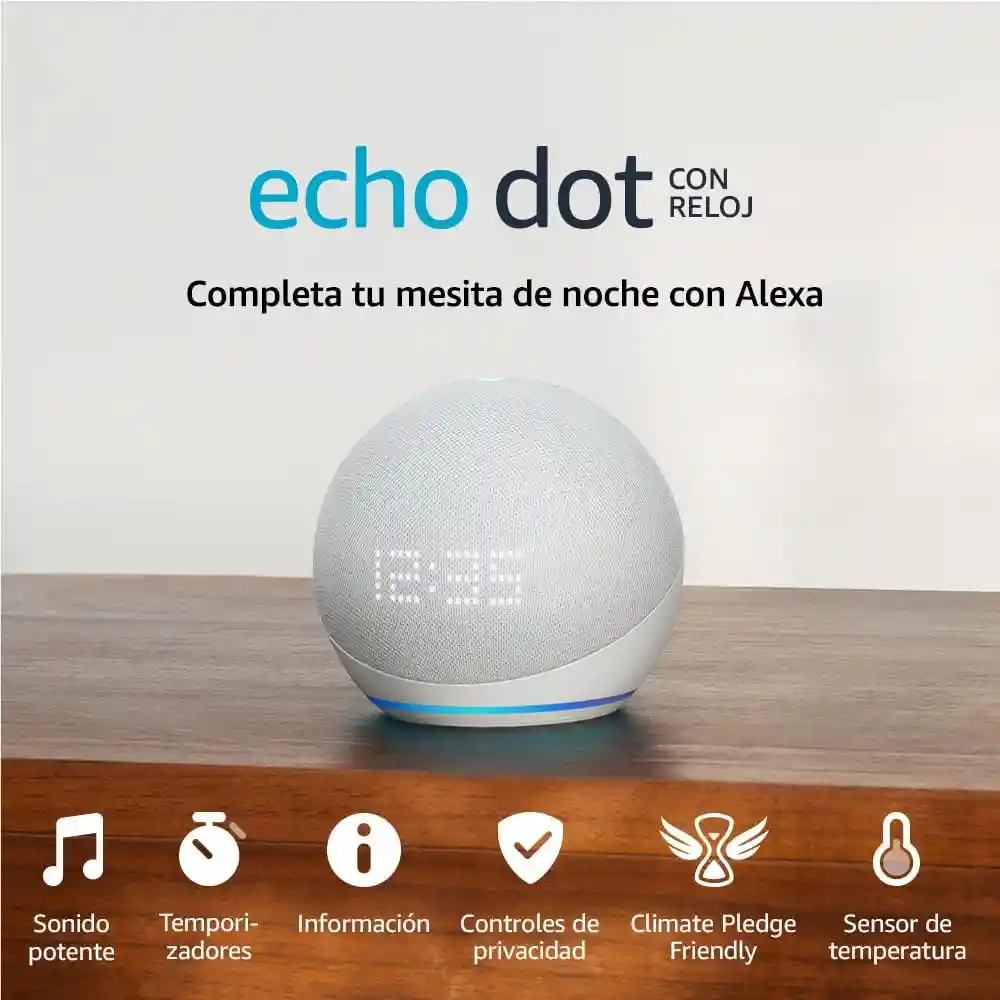 Amazon Echo Dot 5 Con Reloj Altavoz Inteligente Alexa Sonido Potente Blanco Glaciar